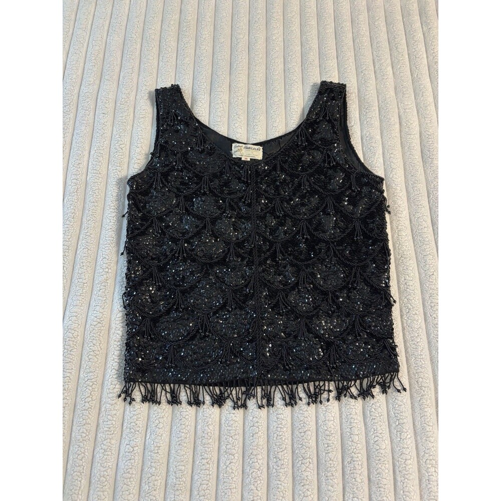 Vintage 1960s Harilelas Beaded Sequin Fringe Blouse Tank Top Women’s Small Black